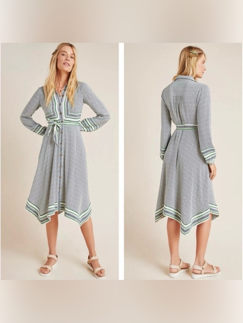 Maeve Anthropologie Striped Asymmetrical Shirt Dress in Navy, White & Green
